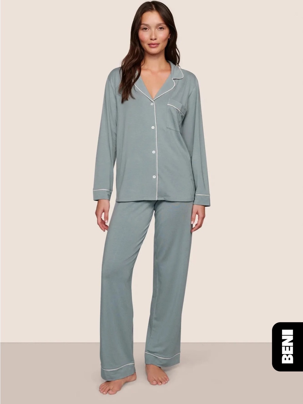 NWT Eberjey Sage Pajama Set with White Piping